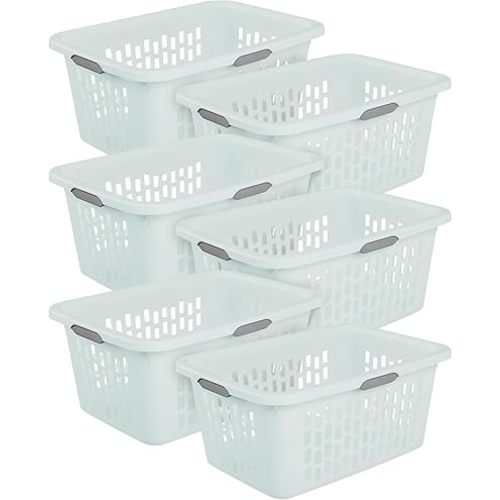 Sterilite 6-Pack 2 Bushel Laundry Basket, Rectangular Plastic Clothes Hamper, Mint - Ventilated Open-Top Utility Wash Bin with 4 Handles and Large Clothing Load Capacity