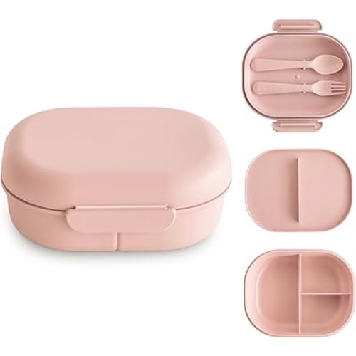 mushie Kids Bento Lunch Box | 3-Compartment & Removable Divider + Fork & Spoon Utensils | Great For Meals, School, Snacks On-the-Go | Dishwasher Safe (Blush)