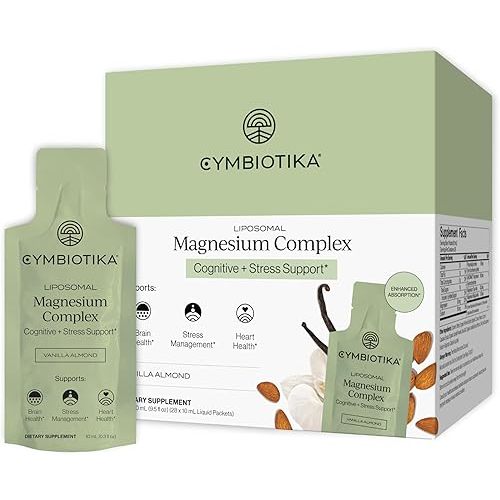 Cymbiotika Liposomal Magnesium Complex – Promotes Relaxation, Restful Sleep, and Heart & Brain Health – Highly Absorbable 3-in-1 Formula – Vanilla Almond, 10 mL Pouches (28 Count)