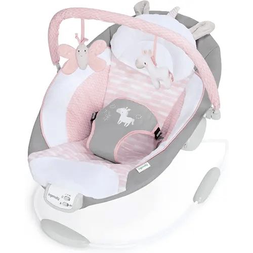 Ingenuity Soothing Baby Bouncer Infant Seat with Vibrations, -Toy Bar & Sounds, 0-6 Months Up to 20 lbs (Pink Flora the Unicorn)