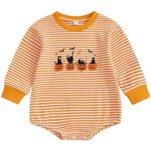 Karuedoo Newborn Baby Boy Girl Halloween Outfit Pumpkin Ghost Embroidery Stripe Long Sleeve Bubble Romper Waffle Bodysuit
