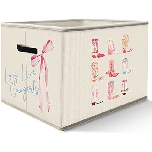 Western Storage Bin, Pink Cowgirl Boots Collapsible Storage Baskets for Girls Dorm Room Decor, Long Live Cowgirls Foldable Basket Box with Handle for Home Bedroom Office