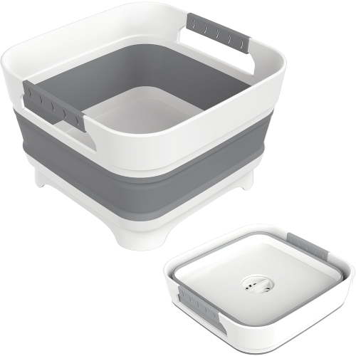 2.4 Gal Collapsbile Wash Basin with Drian Plug,9L Dish Pan for Soaking Baby Bottles,Portable Sink, Multiuse Foldable Bucket,Ice Beverage Tubs for Camping, Vegetable Washing, RV (Gray)