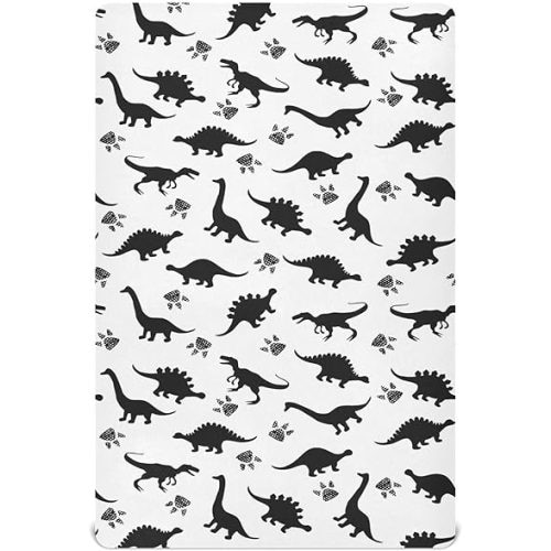 Black Dinosaurs Skeletons White Fitted Crib Sheets Stretchy Portable Playard Sheets for Baby Toddler, Breathable Soft Mini Crib Mattress 52 x 28 in for Boys and Girls