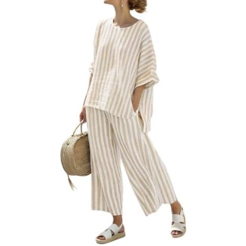 chouyatou Women's Cotton 2 Piece Striped Outfits 3/4 Sleeve Shirt and Wide Leg Pant Matching Sets Loungewear