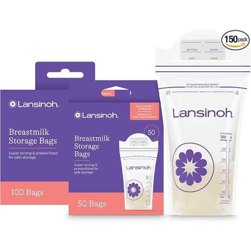 Lansinoh Breastmilk Storage Bags, 150 Count, Baby Essentials, Fast Freeze & Thaw Breast Milk Bags for Baby Bottle Feeding, Superior Strength & Stretch, 6 Ounce