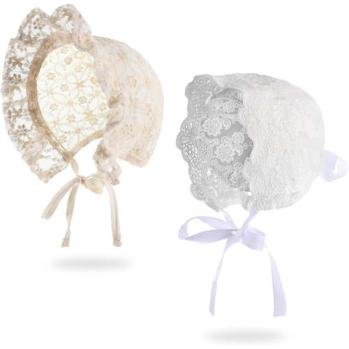 2 Pieces Baby Girl Lacy Bonnet Eyelet Lace Christening Bonnet Cap Toddlers Beanie Breathable Sun Protection Hat White,40- 44cm 16.5-17.3 inches in head circumference