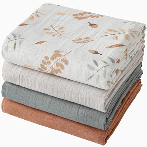 POMISO Muslin Swaddle Blankets for Boys & Girls, 4 Pack Receiving Baby Blanket for Newborns, Large 47 x 47 Inches, Soft Breathable Baby Swaddles, Acorn & Earthy Colors