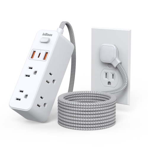 Power Strip Surge Protector, 5Ft Flat Plug Braided Extension Cord, 6 Outlets with 3 USB Ports(1 USB C), 3-Side Outlet Extender, Wall Mount, Compact for Travel, Home, College Dorm Room