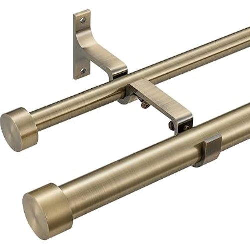 Double Curtain Rods for Windows 36-72 Inches, 1'' Front and 5/8''Back Double Drapery Rods with Premium Aluminum Brackets and End Cap Finials, Adjustable Antique Bronze Dual Window Curtain Rod