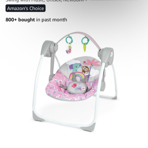 Bright Starts Pink Paradise Portable Compact Automatic Baby Swing with Music, Unisex, Newborn +