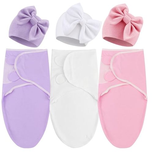 DRESHOW BQUBO 3 Pack Baby Swaddle Sleep Sacks Baby Swaddle Blanket Wrap Newborn Swaddles Sack with Big Bow Hat for Boys Girls 6-12 Lbs Newborns & 0-3 Months Girls Boys