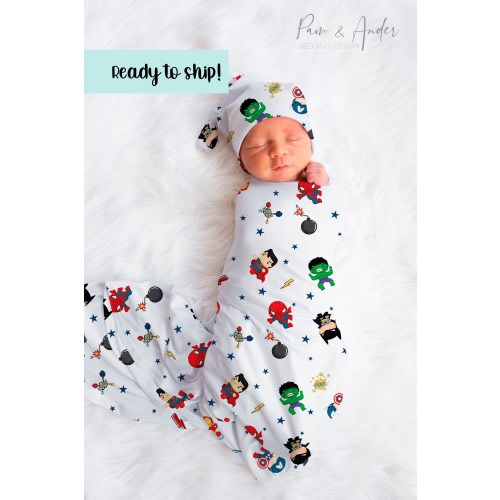 Ready to ship SUPERHEROES Baby Boy Swaddle Set, Superhero Baby Shower Gift, Baby Boy Hat, New Born Gift, Superhero baby gift