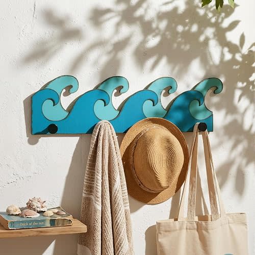 Weysat 4 Hook Ocean Wave Wall Hook Wooden Wave Towel Rack Blue Beach Coastal Nautical Decorations Summer Home Hanging Decor for Bathroom Bedroom Pool Wall Mounted Decorative Key Holder