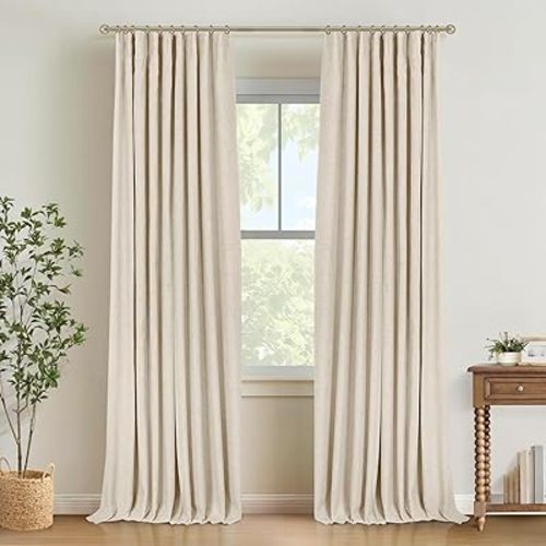 INOVADAY 100% Blackout Curtains for Bedroom, Black Out Curtains 96 Inch Long, Clip Rings Linen Blackout Drapes, Thermal Insulated Room Darkening for Living Room, 2 Panels - Cream,W50xL96