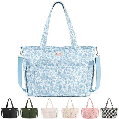 Corduroy Tote Bag for Women, Lightweight Work Laptop Tote Purse With 17 Pockets, Crossbody Shoulder Handbag for School Work Travel Gym, Blue Floral