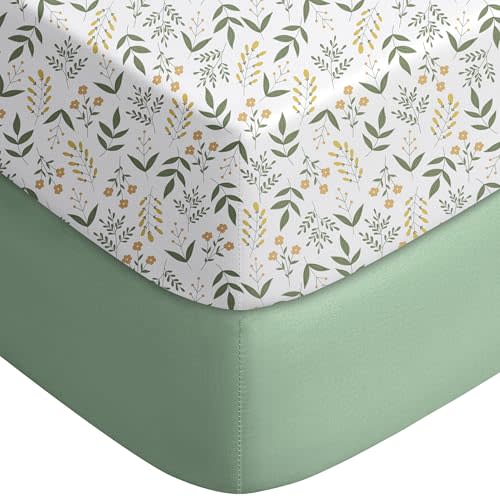 Yoofoss Baby Pack and Play Sheets 2 Pack for Boys and Girls - 38x26 Mini Crib Sheets Fitted Neutral Compatible with Graco Pack n Play Mattress,Ultra Soft Breathable Microfiber Green Flower