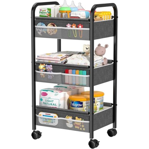 Baby Diaper Caddy Rolling Utility Cart, 3 Tier Baby Essentials Nursery Organizer and Storage with Dividers and Drawers for Crib, Bedroom, Art & Craft Organizer (Black)