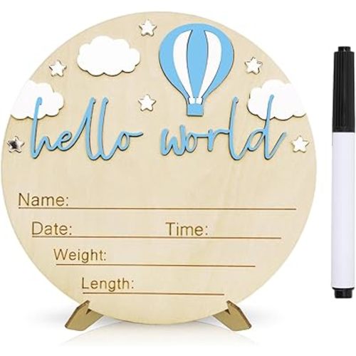 Baby Announcement Sign, 5.9 Inch Wooden Hello World Newborn Signs, Birth Announcement Sign and Pen, Hot Air Balloon and White Cloud Decoration, Welcome Newborn Arrival to World (Blue+Pen,Stand)