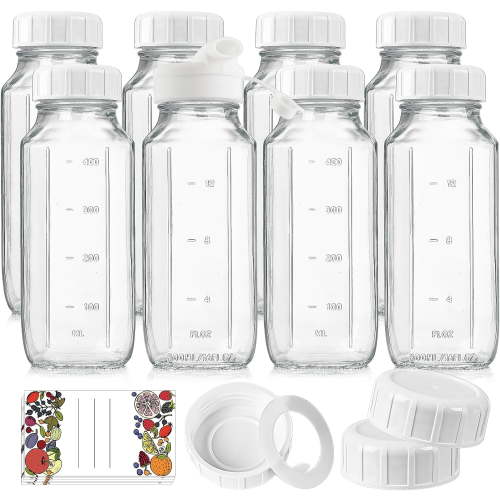 8 Pack 16 Oz Reusable Glass Milk Bottles w 100% Airtight Heavy Duty SCREW Lid w Silicone Gasket - Glass Juice Bottles w Capacity Mark - Beverage Drinking Jar Juice Container(Extra 2 Lid)
