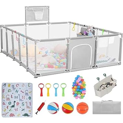 Baby playpen, 79"x71"Baby Playpen with Mat Indoor&Outdoor Playpen for Babies and Toddlers with Breathable Play Pen with Ocean Balls Hanging Pocket Basketball Hoop (Light Gray)