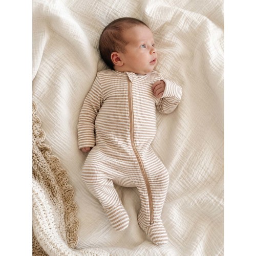 Tan Stripe / Ribbed 2-Way Zip Footie (Tan Zipper)