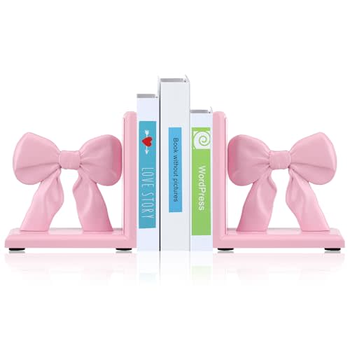 Threehoney 2 Pieces Pink Bow Bookends Cute Book Ends for Shelves Decorative Book Stand Bow Sculpture Statues Tabletop Shelf Ornament Room Decor for Home Office School Dorm Girl Desk