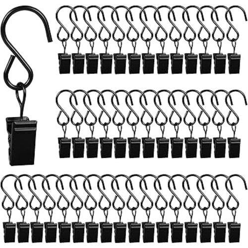 46 Pack Curtain Hooks Metal Clips, Light Clips for Outside String Lights Curtain Rod Hooks Photo Small Clips Shower Curtain Hanger Clamps Backdrop Clips, Stainless Steel S Hooks for Indoor Outdoors