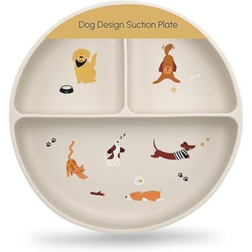 Silicone Suction Plates with Dividers - Grip Plates for Babies 6-12 Months and Toddlers 1-3, Toddler and Baby Dishes, Baby Led Weaning Essentials, Dishwasher Safe (Beige - Dogs and Cats)