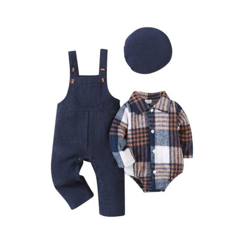 Renotemy Baby Boy Clothes Flannel Plaid Bodysuit+Corduroy Overalls+Beret Hat 3Pcs Fall Winter Outfits for 3-24 Months Boys