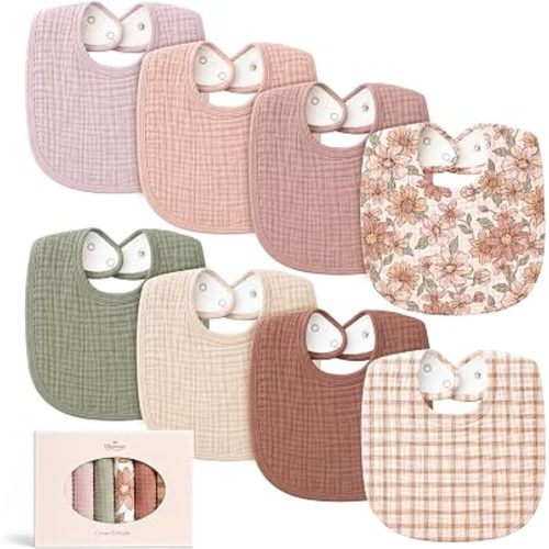 Konssy 8-Pack Muslin Baby Bibs, Adjustable Fit for Drooling and Teething