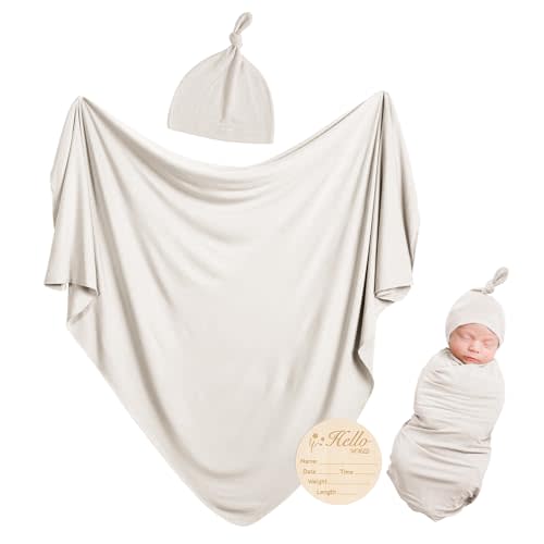 Rayon Made from Bamboo Newborn Swaddle Blanket Set with Matching Beanie, Super Soft Stretchy Baby Clothes Outfit for Girl Boy, Receiving Blankets Newborn Essentials, 35 x 35 Inch