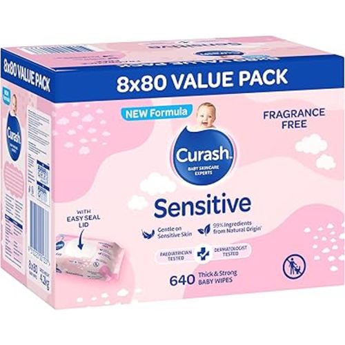 New Formula Curash Fragrance Free Baby Wipes, 8x80 Pack, For Sensitive Skin, Suitable for Newborns, Thick & Soft Texture, No Soap, Alcohol Or Parabens, Everyday Cleansing And Nappy Changes, 640 Wipes