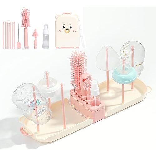 6 In1 Baby Bottle Brush Kit,Portable Silicone Bottle Brush Cleaner Set with Straw Brush,Nipple Brush,Drying Rack,Soap Dispenser,Storage Bag for Travel or Home (Pink)