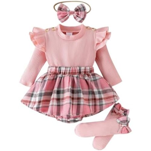 Newborn Baby Girl Plaid Outfits Long Sleeve Ruffled Romper Bodysuit with Bow Headband Socks Fall Winter Clothes