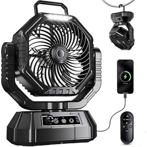 HAWANA Portable Fan Rechargeable，20000mAh Camping Fan with 360° Airflow, Battery Powered Ventilador Recargable with Stepless Wind Speeds, 3 Timing, Hanging Hook for Camping, Tents, BBQ, Fishing-Black