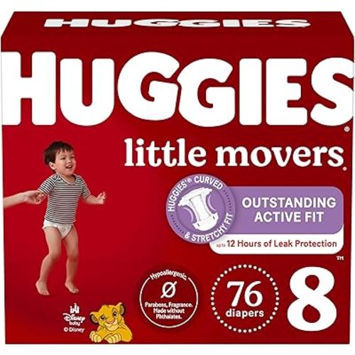 Huggies Size 8 Diapers, Little Movers Baby Diapers, Size 8 (46+ lbs), 76 Count (2 Packs of 38), Packaging May Vary