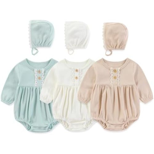 Newborn Baby Girl Clothes Cotton Bubble Rompers Infant Outfit Floral Long Sleeve Bodysuit, 3 Pack