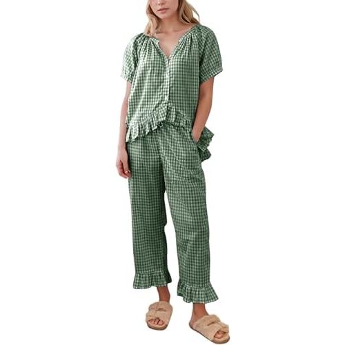 Flygo Womens Plaid 2 Piece Pajamas Sets Gingham Button Down Puff Sleeve Babydoll Shirt Ruffle Pants Y2K Pjs Lounge Set