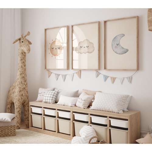 Sun Moon Cloud Nursery Set of 3 Prints - Gender Neutral Wall Art - Celestial Baby Room Decor - Minimalist Nursery Poster - Kids Room Artwork
