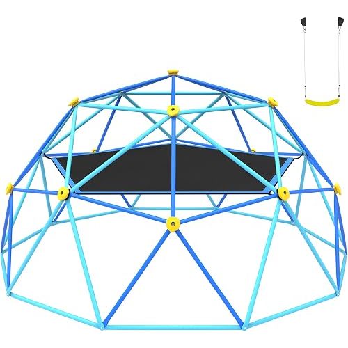 Gardenature 10FT Climbing Dome with Hammock and Swing, Outdoor Jungle Gym for Kids, Geometric Dome Climber Supporting 880 Lbs Anti-Rust Metal Outdoor Play Structure ASTM Approved Blue
