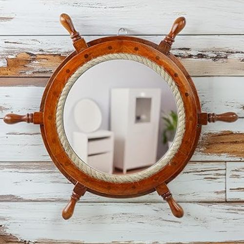 Nagina International 20" Wooden Ships Wheel Wall Mounted Mirror with Rope | Nautical Seafaring Handcrafted Wall Hanging Home Decor Piece | Pirate's Themed Room | Coastal Maritime Accent
