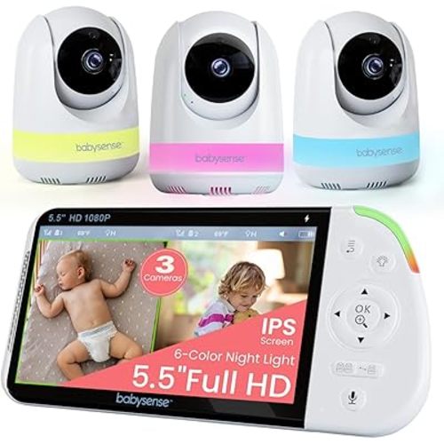 Babysense 5.5" Full-HD Split-Screen Baby Monitor, Video Baby Monitor with Camera and Audio, 3 Cameras with 6-Color RGB Night Light, 1000ft Range, 5000mAh Battery