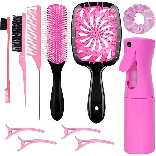 11 Pcs Hair Brush Set, Detangle Hair Brush And Spray Bottle, 3 Pieces Smooth Hairbrush For Toddlers, Suitable For Wet and Dry Hairstyles, Suitable For Adults And Children. (Pink)
