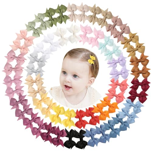 doboi 60PCS 2'' Baby Hair Clips Small Bows | Fully Lined Grosgrain Boutique Solid Ribbon Mini Bows for Girls Teens Infants Kids Toddlers Newborn