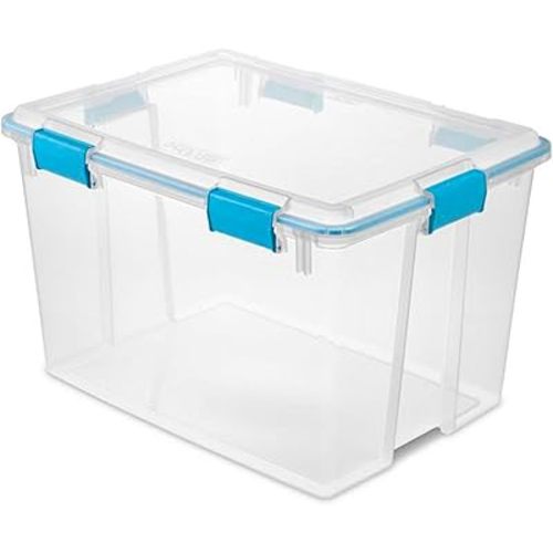 Sterilite 80 Qt Gasket Box, Stackable Storage Bin with Latching Lid and Tight Seal, Plastic Container to Organize Basement, Clear Base and Lid, 1-Pack