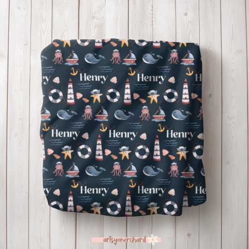 Baby Boy Personalized Nautical Blanket, Sailboat Anchor Baby Blanket, Custom Name Baby Boy Gift, Nautical Theme, Under the Sea Ocean Animals