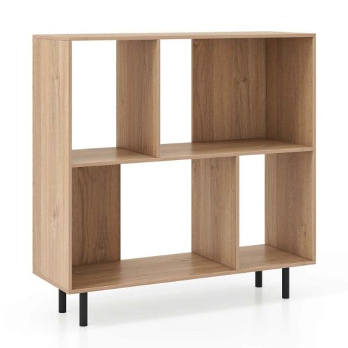 Costway Open Shelf Bookcase Mid Century Modern Cube Bookshelf with 4 Compartments Natural