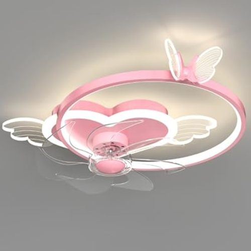 Butterfly Ceiling Fan with Light Pink Ceiling Fan with Light for Girls Room Heart Shape Dimmable LED Fan Light with Remote Control Kids Bedroom Ceiling Fan, 6 Speed ​​Reversible Fan