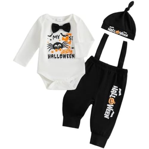 Karuedoo My 1st Halloween Baby Boy Outfit Long Sleeve Bowtie Romper Suspender Pants with Hat 3 Piece Fall Clothes Sets